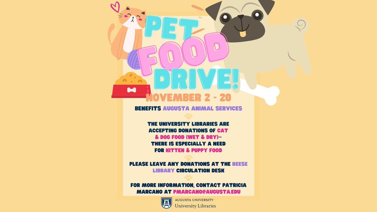 AUG_Libraries's tweet photo. We're paw-sitively excited about this good cause! We're accepting donations of pet food--especially food/milk for kittens and puppies--for the Augusta Animal Services. Bring any donations you have over to Reese Library! #AugustaUniversityLibraries #VirtualDaysofService https://t.co/WFnJ9W9QAY