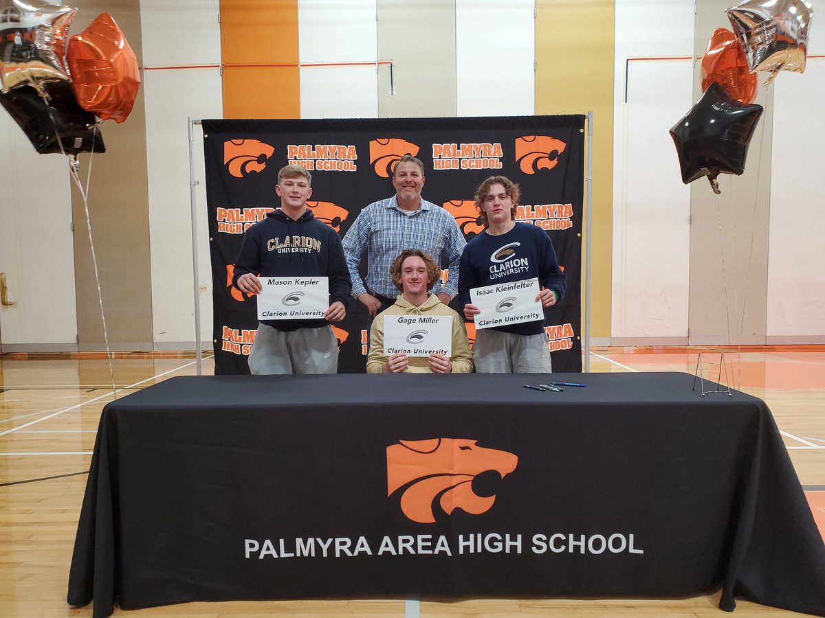 PalmyraSchools's tweet photo. Congratulations to Mason Kepler, Isaac Kleinfelter, and Gage Miller for signing their National Level of Intent to play baseball at Clarion University next year. Congrats to all. @palmyrabaseball1 @PalmyraAreaHS @AdWeidler https://t.co/KQQYEaPEoj