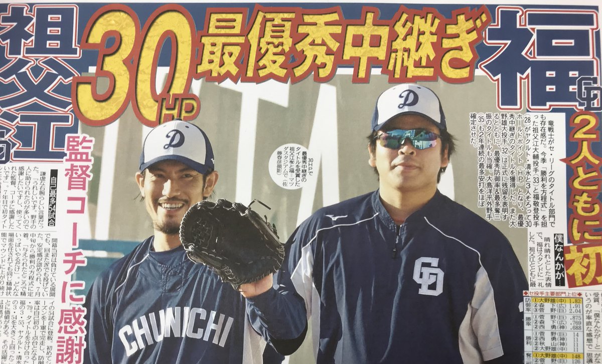 ট ইট র 東京中日スポーツ ちょい見せトーチュウ 11 12 2 3面 竜戦士がセ リーグのタイトル部門で存在感 福と祖父江が最優秀中継ぎ獲得 大野雄が最優秀防御率 最多奪三振で当確 大島が最多安打ほぼ確定 福敬登 祖父江大輔 大野雄大 大島