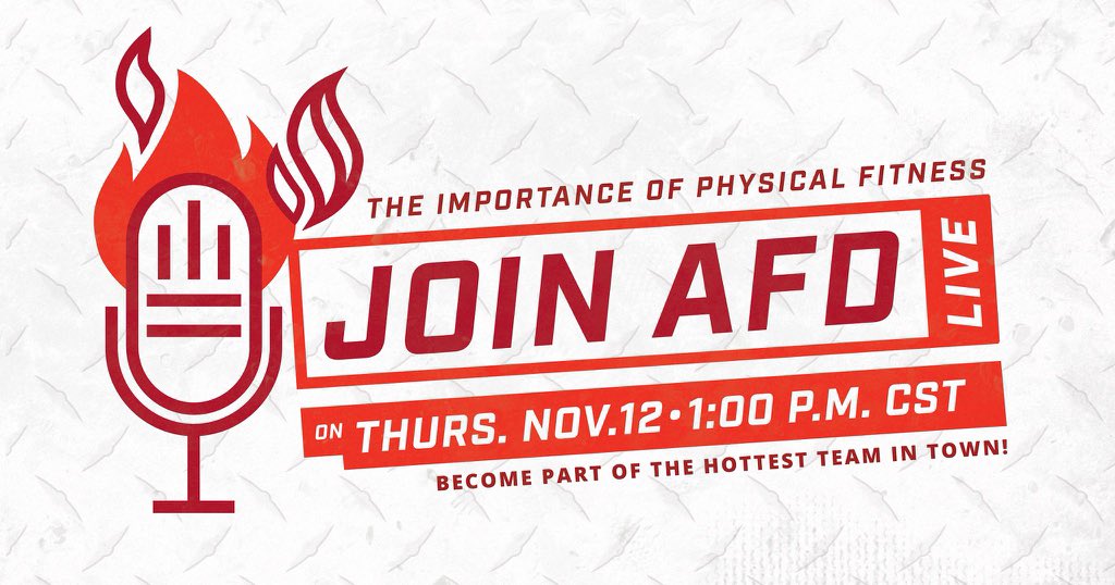 JoinAFD's tweet image. Tune in tomorrow, 11/12 at 1:00 p.m. CST for the next episode of “Join AFD Live” to learn what you need to be doing NOW to prepare physically for the job of Fire Cadet. We'll be at this link on YouTube: youtu.be/S8br9W9-_fc 
 
#JoinAFD2021