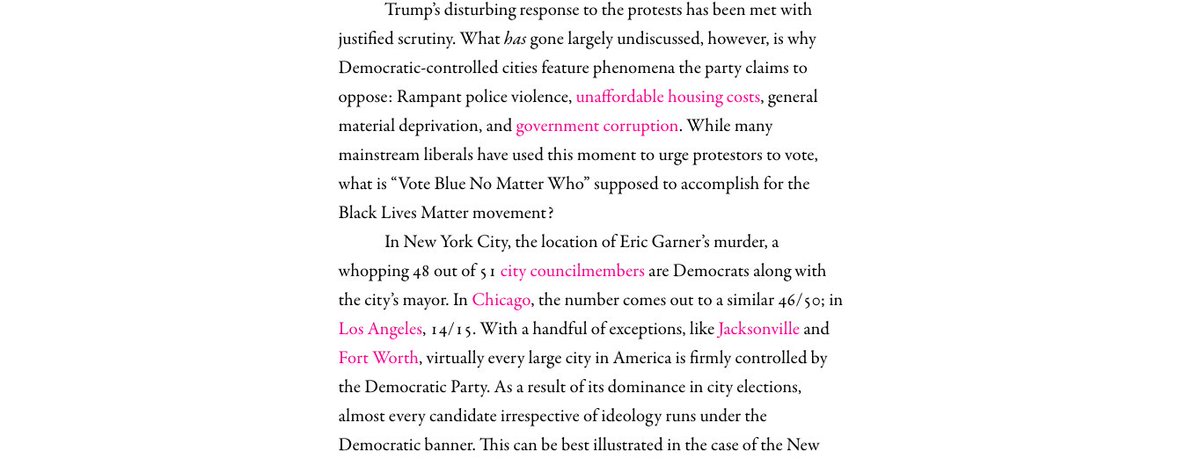 We know this because policing policy is primarily a matter of municipal governance and, with the exception of Ft. Worth and Jacksonville, virtually every big city is run by Democratic mayors and Democratic City Councils, none of whom have any interest in taking on police violence