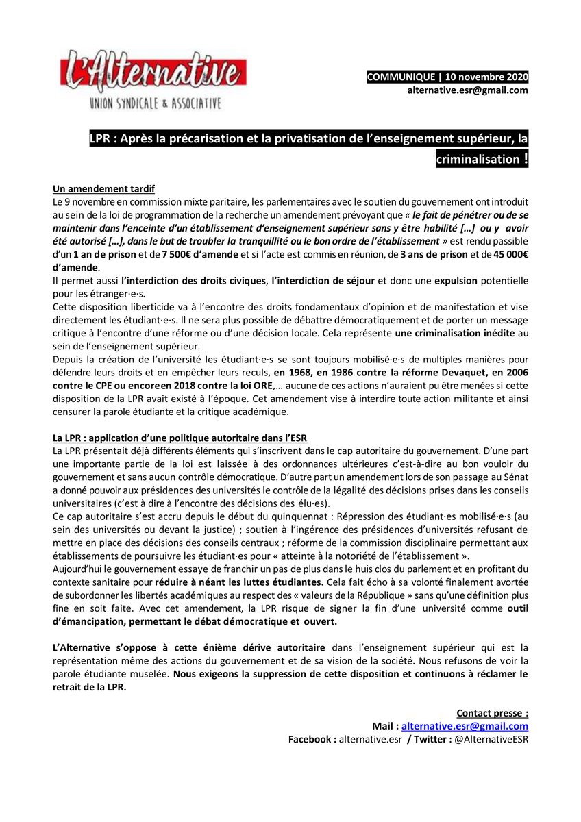 unionetudiante_'s tweet photo. 🔹  COMMUNIQUÉ DE PRESSE 🔹

 ➡️   LPR : Après la précarisation et la privatisation de l'enseignement supérieur, la criminalisation!

Ajouts liberticides dans la LPR lors du passage en commission mixte paritaire.

#LPR #LPPR #StopPrecarite #Liberticide https://t.co/dp3x7mifMG