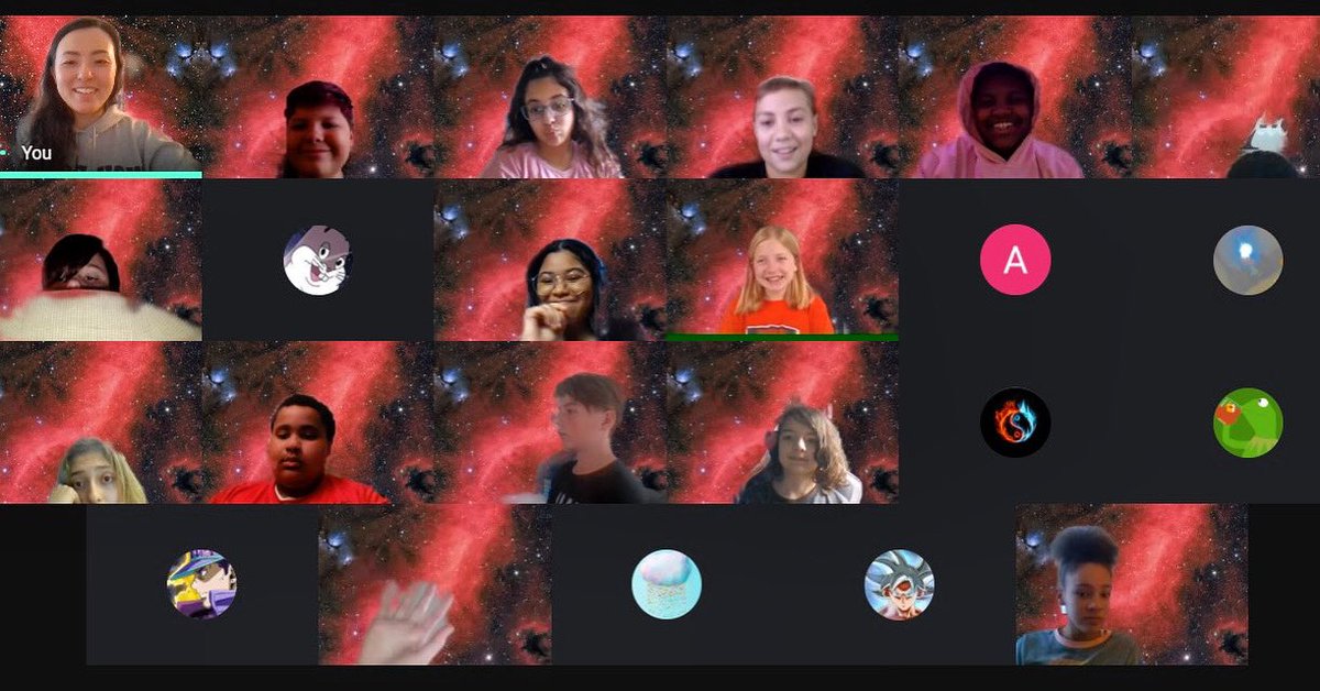 msbooth18's tweet photo. My block 8 and I decided to start off class a little silly and use the new “change background” feature in google meet. Check us out— we’re in space!! I love this class so much. (P.S. they all gave me permission to post their picture). https://t.co/7G8LQ3TOuP