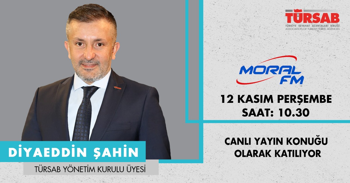 tursaborgtr's tweet photo. Yönetim Kurulu Üyemiz Diyaeddin Şahin 12 Kasım Perşembe günü saat 10.30'da Moral FM'in canlı yayın konuğu olacak. Şahin, pandemi sürecinde Hac ve Umre turizmi ile ilgili güncel gelişmeler hakkında değerlendirmelerde bulunacak.
#TÜRSAB #MoralFM https://t.co/BTa05chdoe