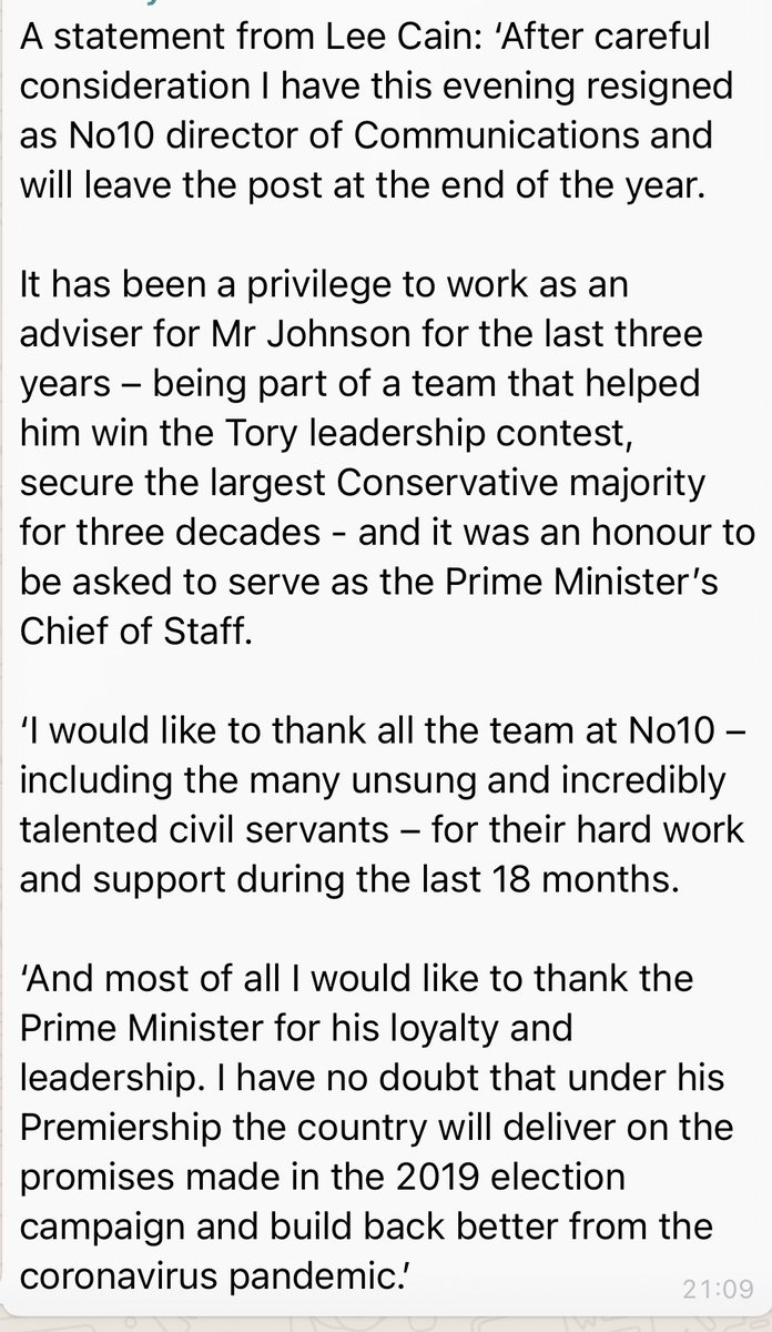 BethRigby's tweet photo. Lee Cain resigns as Director of Communications. Says it was ‘an honour to be asked to serve as  Chief of Staff’ but leaving No 10 https://t.co/kppJUMZ5LT