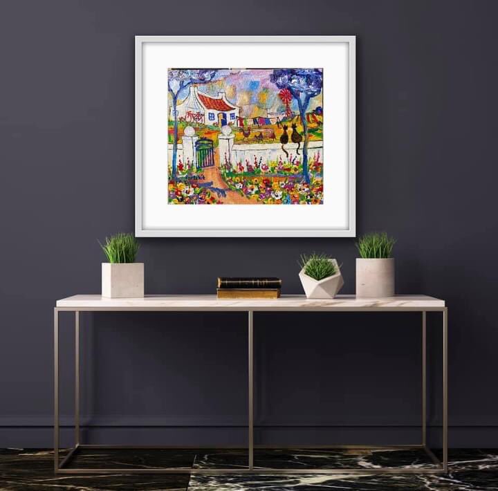 IamPortchie's tweet photo. Farmhouse with two cats on the wall. 400x450 unframed Available /Beskikbaar @IamPortchie #portchie #art https://t.co/4LGXofUCZQ