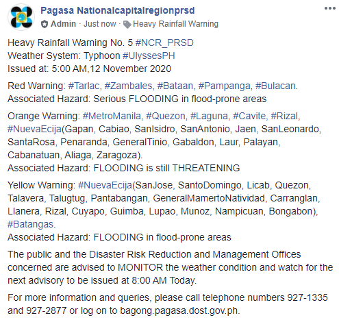 dost_pagasa's tweet photo. Heavy Rainfall Warning No. 5 #NCR_PRSD
Weather System: Typhoon #UlyssesPH
Issued at: 5:00 AM,12 November 2020 https://t.co/PyJhMAxCUi