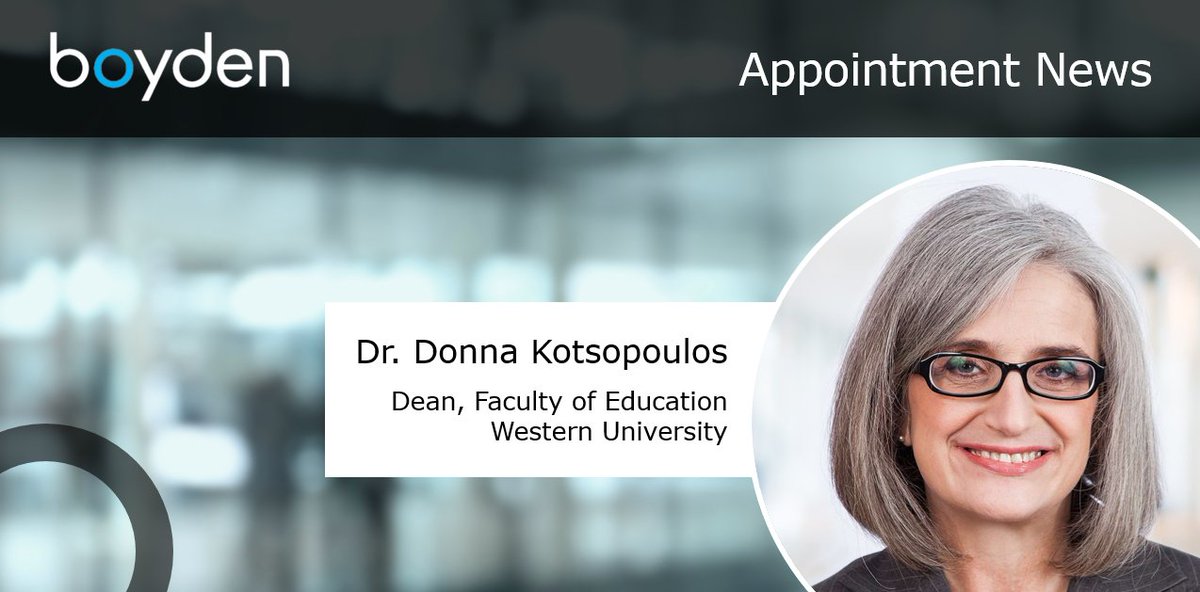 BoydenCanada's tweet photo. Proud to share @WesternU appointment news: welcoming new #Dean, Faculty of Education, Dr. Donna Kotsopoulos. Recruitment co-led by Jessa Chupik @humanehr &amp; Kathy Rahme @KathyRahme >> https://t.co/XnrJlaXauI https://t.co/9YyEXBQ2Ih