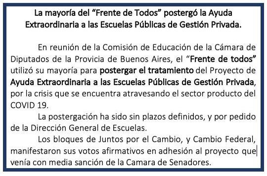 sergesiciliano's tweet photo. ❌  A T E N C I O N 

El “Frente de Todos” impuso su mayoría y postergó indefinidamente el proyecto que ayudaba a las Escuelas Públicas de Gestión Privada.

Es la sentencia de cierre para muchas  instituciones de la Provincia. https://t.co/mV2fiGGJMC