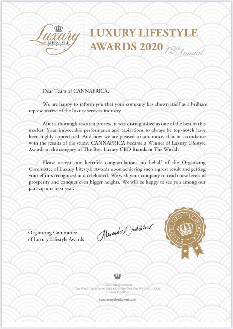 CANNAFRICA_SA's tweet photo. So stoked that our CANNAFRICA brand is a winner of the @TheLuxuryAwards in The Best Luxury CBD Brand in the World category.

A remarkable achievement for us. We continue to build our brand with purpose and passion. #luxurybrands #cbd #cannafrica
@HMMaasdorp @missfstweets https://t.co/q5Xci6Q0uh