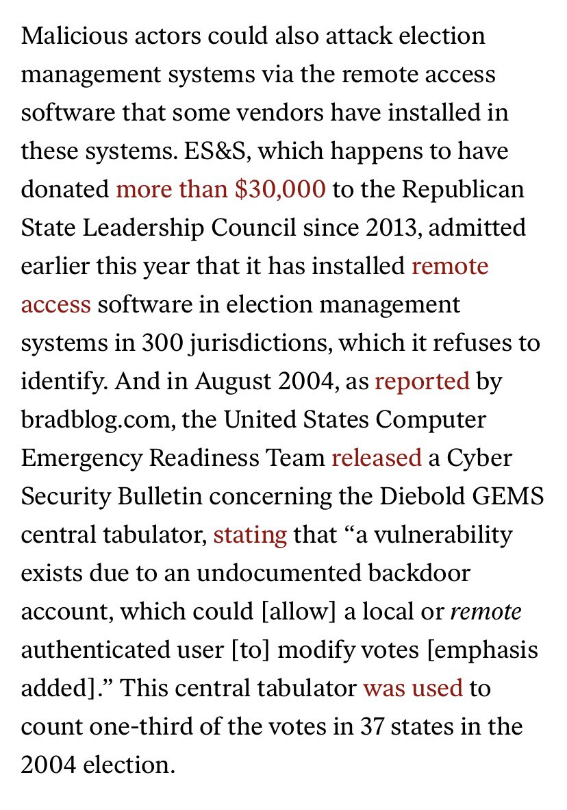 7/ Real election-integrity advocates don’t focus exclusively on one vendor and turn a blind eye to the other (ES&S) because the other makes black votes disappear for them and donates to their political party (the GOP).  https://www.nybooks.com/daily/2018/11/05/voting-machines-what-could-possibly-go-wrong/
