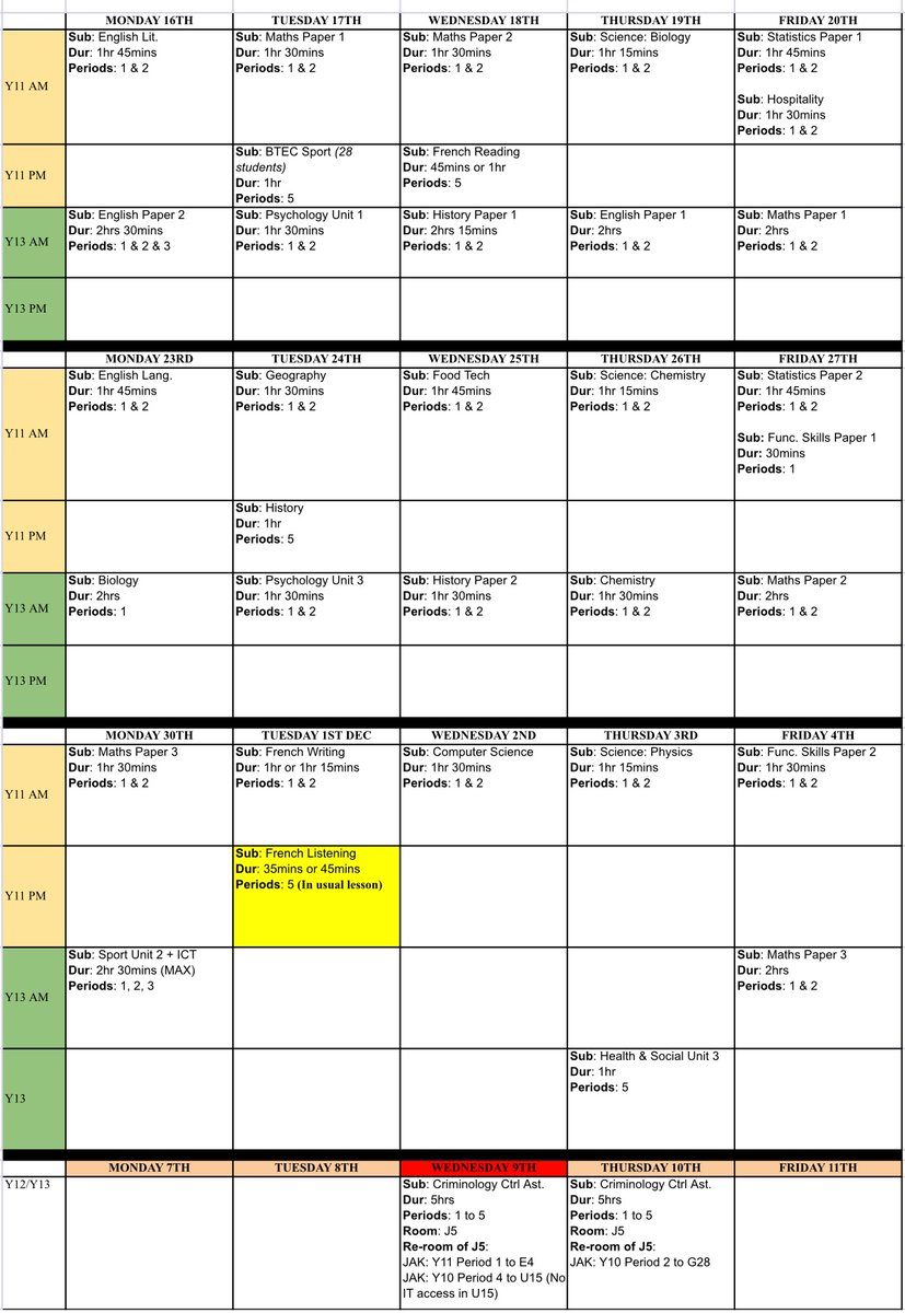 HavelockAcademy's tweet photo. Calling all Y11 and 13! A reminder of your GCSE/Alevel mock examinations that start from Monday.
Your Student Portal app will also update to show your exam timetable as a reminder. (Y11 amber rows and Y13 green rows). #timetorevise #beprepared #BestYearYet https://t.co/IhQaejsYTM