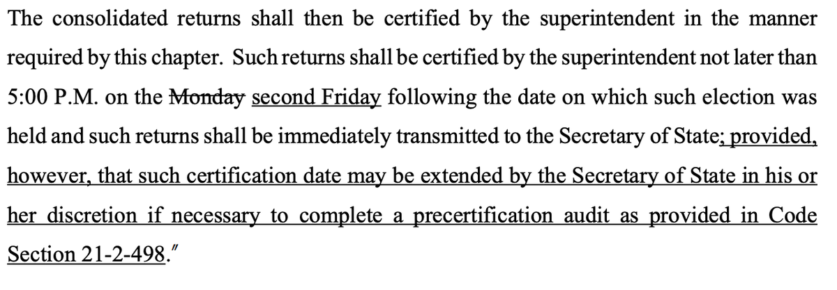 ADDENDUM: In the new omnibus HB 316 passed in 2019, the state certification deadline *could* be moved later if the audit's not done, but the secretary of state expressed confidence that counties would complete things by 11/20.