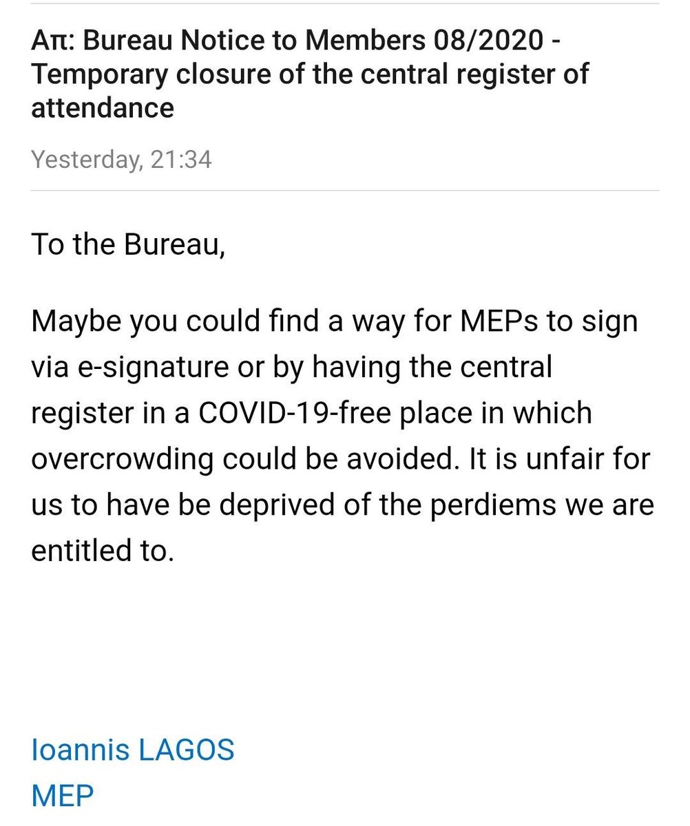 "It is unfair for us to have be (sic) deprived of the perdiems we are entitled to," wrote far-right Greek MEP Ioannis Lagos of Golden Dawn in an email to all EP staffers two weeks ago.