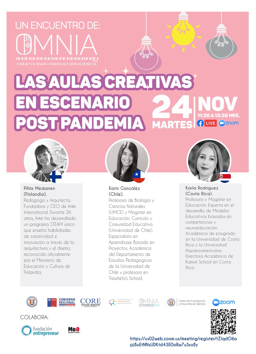 omnia_ucn's tweet photo. Acompáñennos el próximo 24 de nov. en un nuevo Encuentro Educativo💡"Las aulas creativas en escenario post pandemia"💡 No se pierdan la oportunidad de escuchar las experiencias de tres tremendas expositoras 🇫🇮 🇨🇱 🇨🇷
Inscripciones ➡️ https://t.co/JdFzanZ0H2
Más información⬇️ https://t.co/RdbUv0cX71
