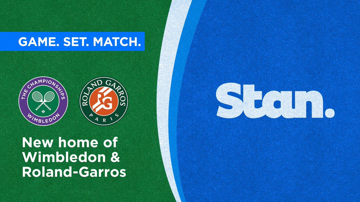 StanAustralia's tweet photo. BREAKING:
Wimbledon &amp; Roland-Garros have found a new home on Stan in 2021. Every match will be available ad-free, live &amp; on demand, on Stan’s new add-on sport package launching next year. 
This follows news that Stan will live stream sport &amp; will be the new home of Rugby in 2021. https://t.co/VN1hGG4o46