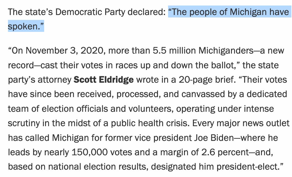 Devaney starts with issues of standing. His client's message in the legal brief: "The people of Michigan have spoken.”ICYMI: https://lawandcrime.com/2020-election/watch-live-judge-hears-lawsuit-in-michigan-that-seeks-to-overturn-election-result/