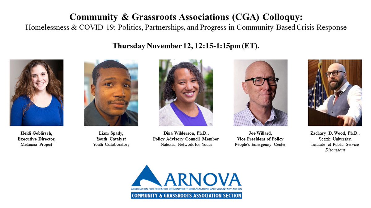 Join us tomorrow (11/12 @ 12:15pmET) for our CGA Colloquy: Homelessness &amp; COVID-19: Politics, Partnerships, and Progress in Community-Based Crisis Response

Many thanks to @zacharydwood for organizing and to all of the panelists for sharing their time with us.

#ARNOVA20
