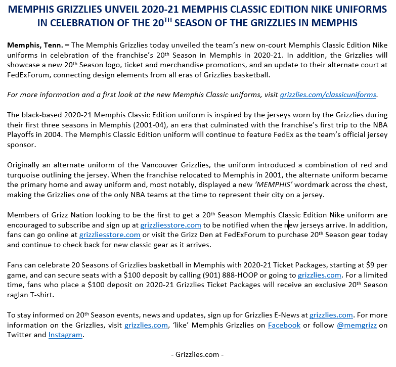 Memphis Grizzlies unveil 2020-21 Memphis Classic Edition Nike uniforms in  celebration of the 20th season of the Grizzlies in Memphis