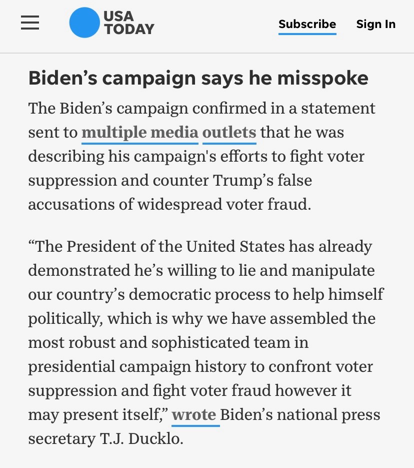  @nytimes and  @USATODAY reported that Biden’s campaign said he meant to describe efforts fighting voter suppression. @washingtonpost included more of the interview, which showed Biden accusing Trump of suppressing votes.