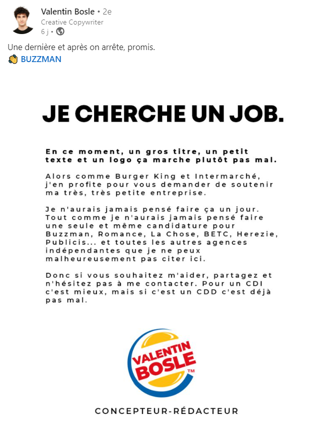 MasterUnicAssas's tweet photo. #nosUNIContdutalent : @valentinbosle, diplômé du master en 2020 recherche un emploi et fait le buzz avec son détournement de la publicité @BurgerKingFR ! 👇
#communication #créativité #masterunic https://t.co/YMMb2FZlsa