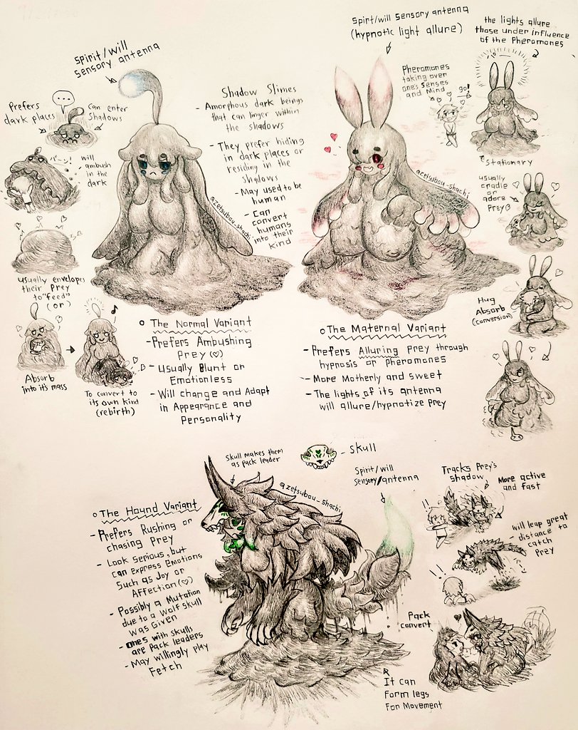 MuchuShachi's tweet photo. "Shadow Slimes"
Amorphus Dark Beings that can linger within the shadows.
Prefers hiding within dark places.
They were once humans until they were experimented and converted.
Variants:
- The Normal Variant (Blue)
- The Maternal Variant (Pink)
- The Hound Variant (Green) https://t.co/DHXZsVnMrX
