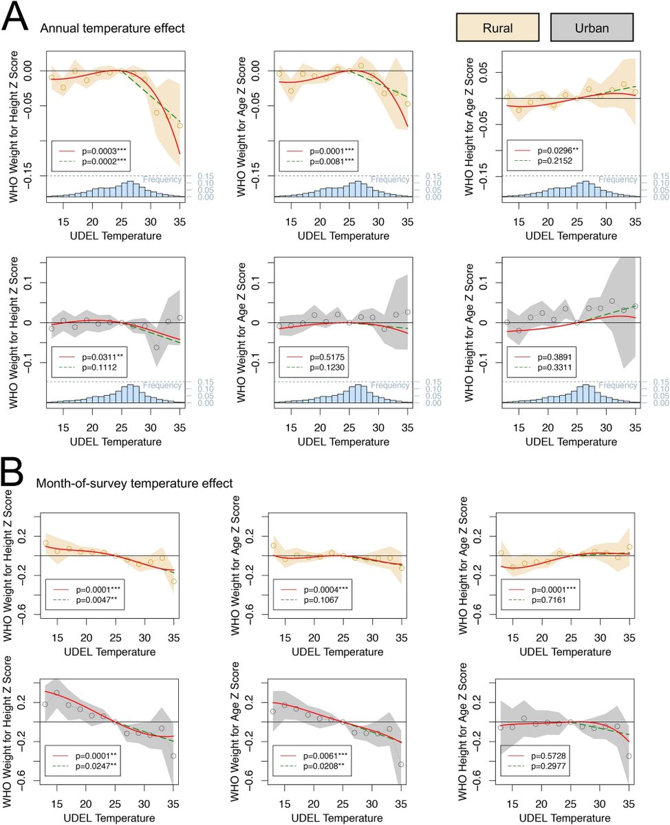 Annual heating in rural areas sharly increases weight loss above 25C, and echoes the heat wave-driven yield collapses we see in agronomy. Heating the month of survey does little in rural areas, but lowers weights and increases diarrhea rates in urban areas. 7/n