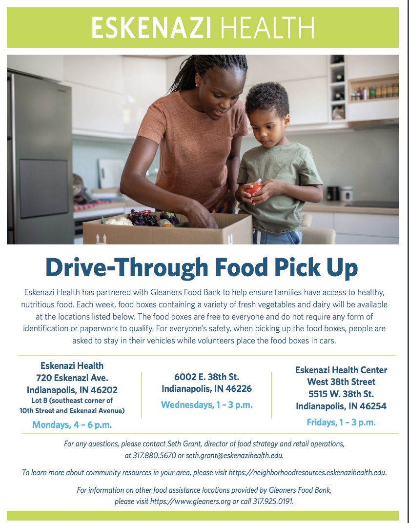 Check out these three different food pick up locations around Indy! These food pick ups are being sponsored by Eskenazi Health Center and Gleaners Food Bank.