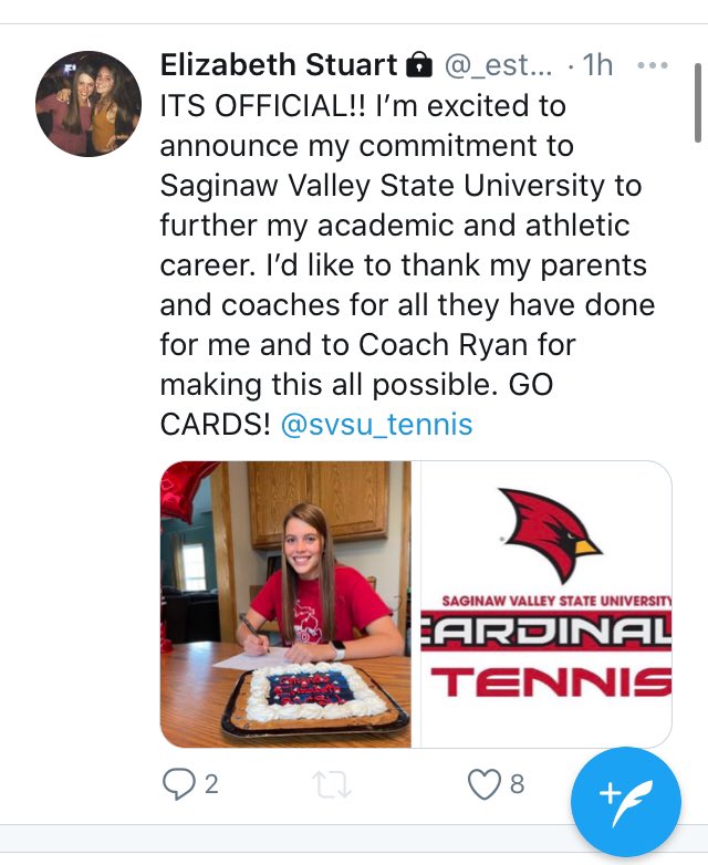 A big congrats to Elizabeth &amp; the Stuart family as well for this exciting news!  Stu is an outstanding tennis player, basketball player &amp; overall athlete.  We know she will make an impact on the SVSU tennis team like she has at Medina.  Congrats &amp; Go Bees/Go Cardinals!