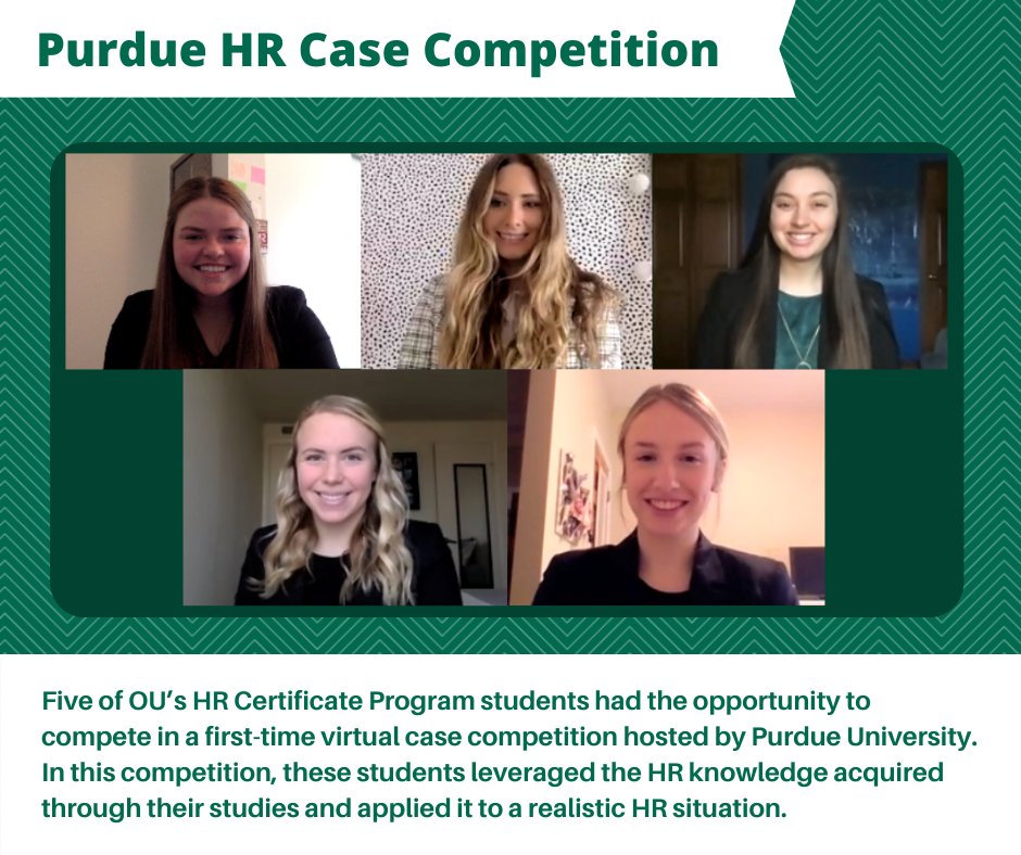 OUWalterCenter's tweet photo. Last week, five of OU’s HR Certificate Program students had the opportunity to compete in a first-time virtual case competition hosted by Purdue University. We are so proud of the case competition team! 🙌🙌
#WalterFamily #HRCertificate
@ohiou https://t.co/9T8larmE77