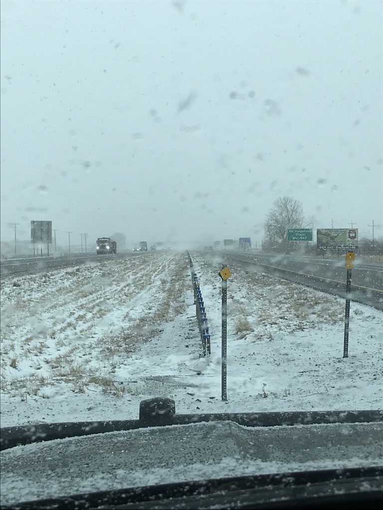 Snow is falling again in the Billings area. Visibility and temperature are both going down. Slow down and increase your following distance.