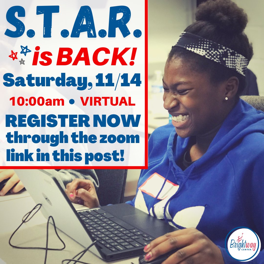 BrightwayCenter's tweet photo. 🌟S.T.A.R. is BACK!🌟

Saturday, November 14th, at 10:00am, join us for an activity to kick off our S.T.A.R. Mentor Program! Due to COVID-19, all of our group activities are currently virtual.

We hope to see YOU there! 📱💻

Click here to register ➡️: https://t.co/XamFwljPUV https://t.co/75EFZRXctq