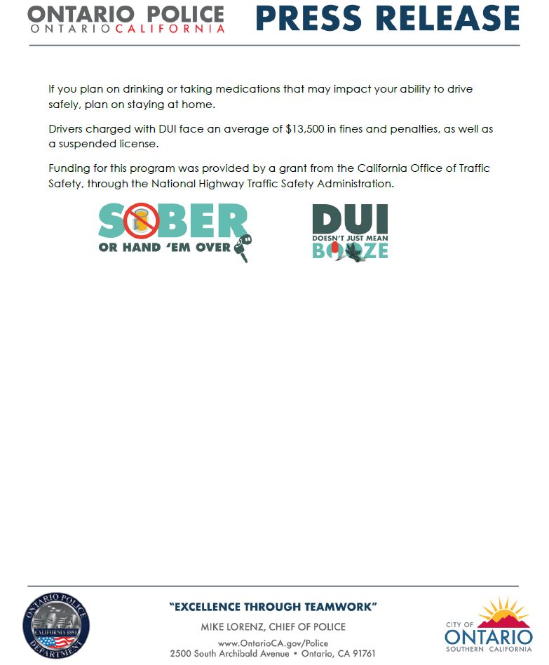 OntarioPD's tweet photo. Ontario PD will be having a DUI/ Driver's license checkpoint this Friday, November 13th. Please see the attached press release for further information. Grant funded by @OTS_CA https://t.co/AhFCrg6hFA