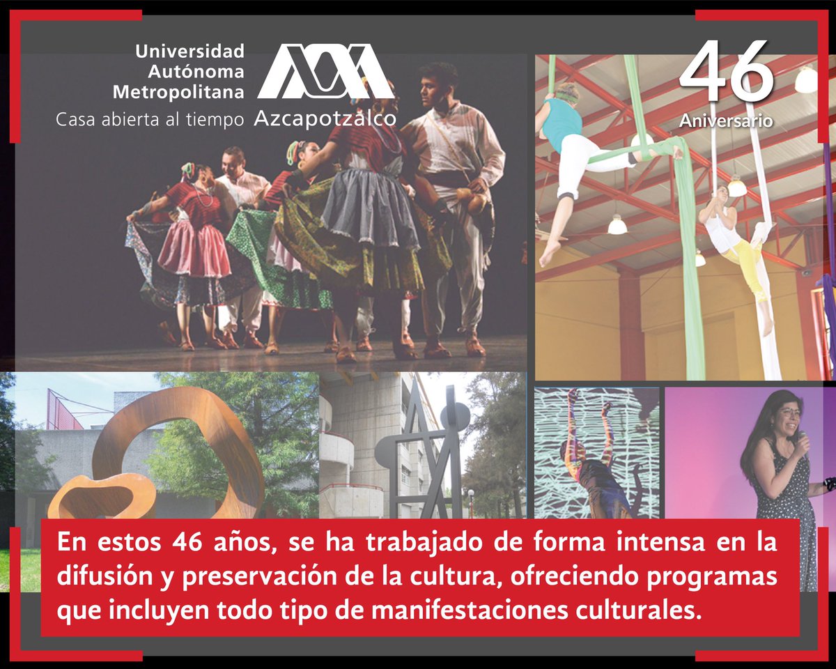 #46Aniversario #OrgulloUAM #SomosUAMAzc

🎉La difusión y preservación de la cultura, a través de múltiples y diversas manifestaciones culturales es un quehacer fundamental de la UAM Azcapotzalco.
