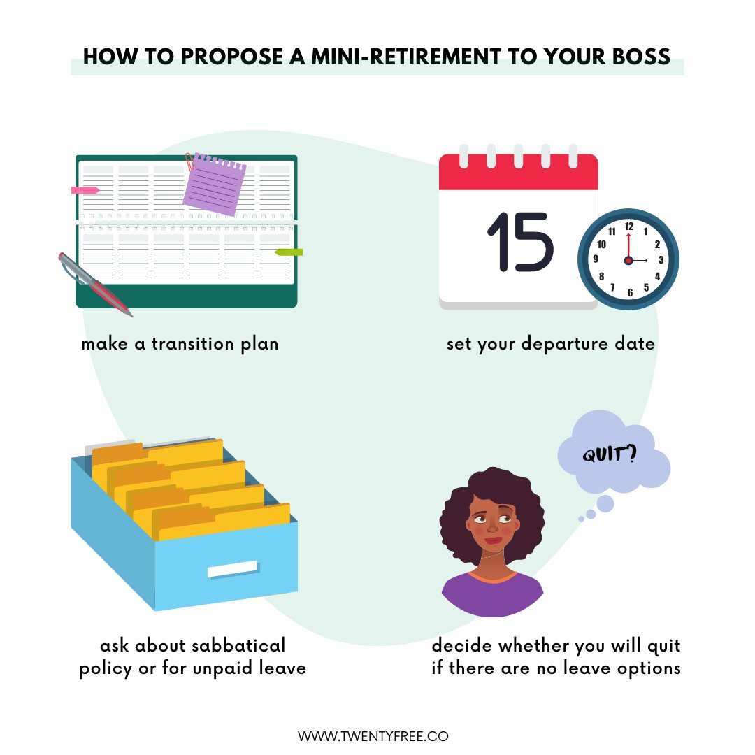 Make a plan, don’t ask for permission. If you come up with a plan of how you would ideally like things to work out, you’re more likely to get what you want.

Would you ever propose a mini-retirement to your boss? Comment below!

👉 <a href="/fyf_podcast/">Find Your Freedom Podcast</a>