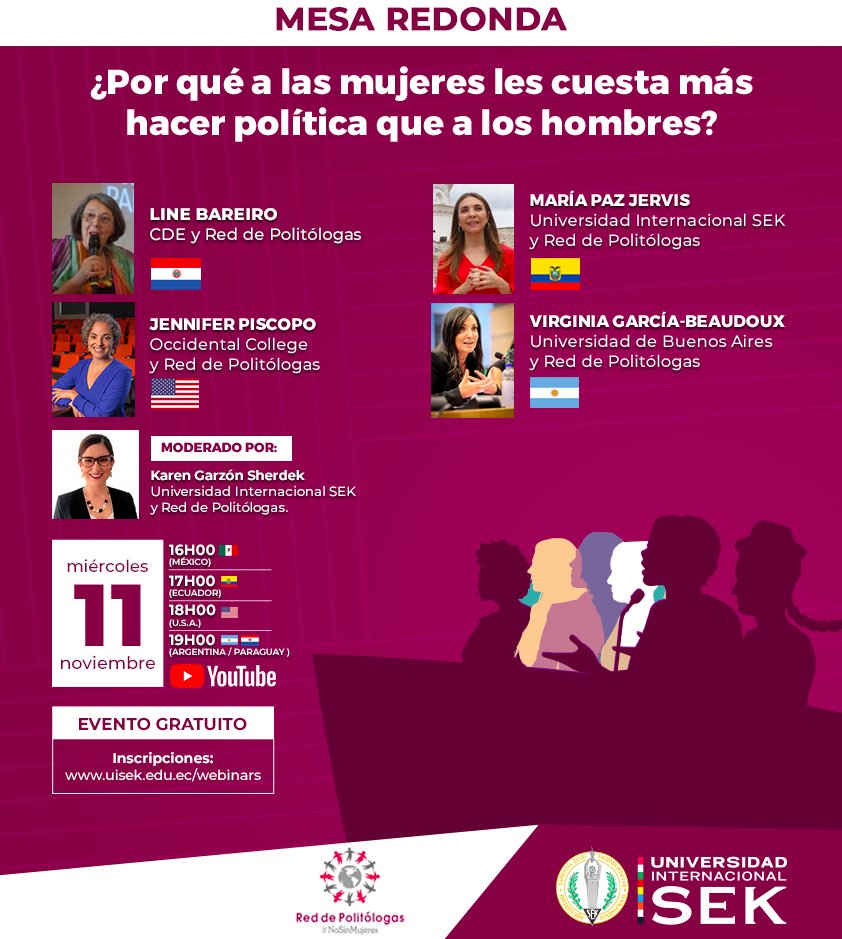 RedPolitologas's tweet photo. 📌 #Comenzamos
Mesa redonda "¿Por qué a las mujeres les cuesta más hacer política que a los hombres?"
Participan nuestras colegas
✅ @karengsherdek
✅ #LineBareiro
✅ @jennpiscopo
✅ @PazJervis
✅ @virgbeaudoux
📍Live: https://t.co/oFU7vOILxq https://t.co/tZtgXVrkzs