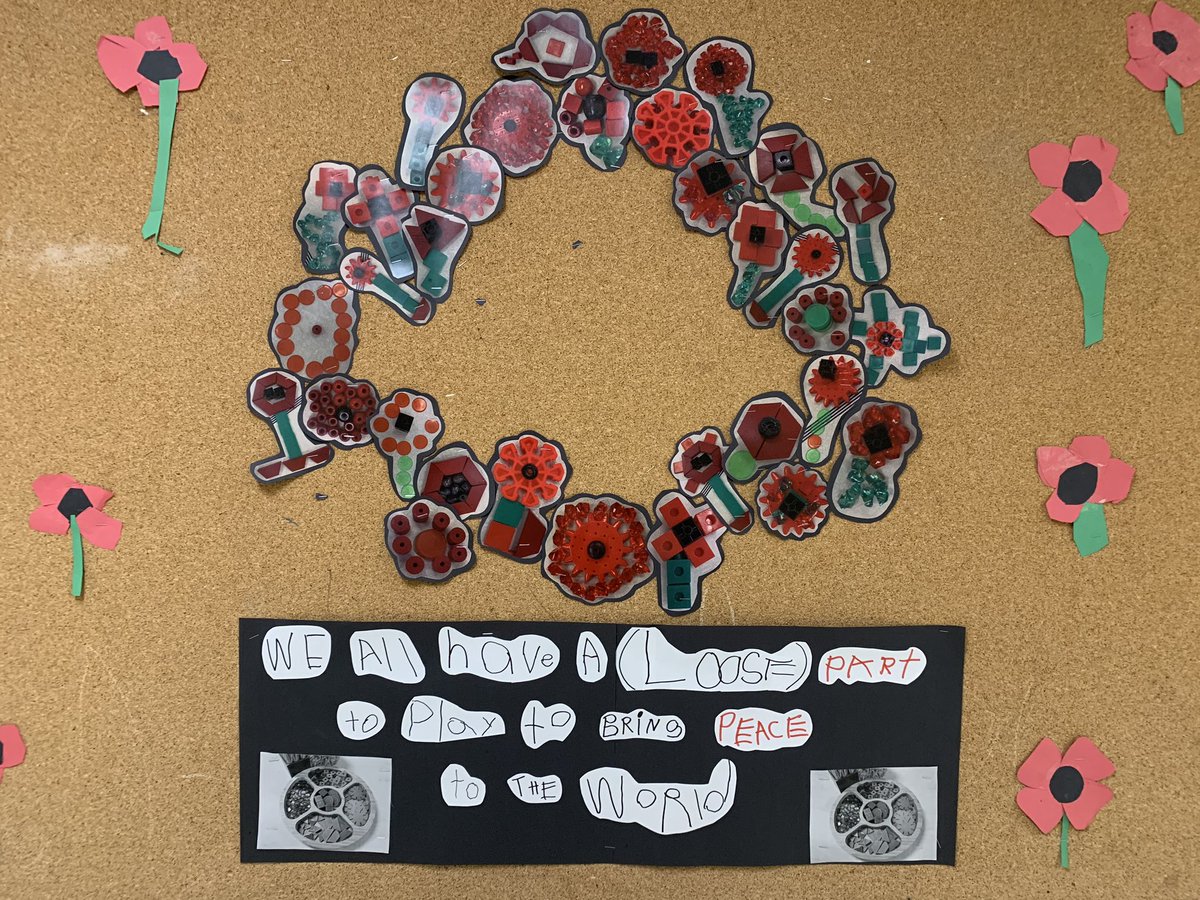 Larmstrong0's tweet photo. We all have a (loose) part to play to bring Peace to the World! Our kinders were busy making their own poppy out of loose parts to add to our collaborative poppy wreath for Remembrance Day! @GoodfellowPS @SCDSBey https://t.co/McgfjGkR5y