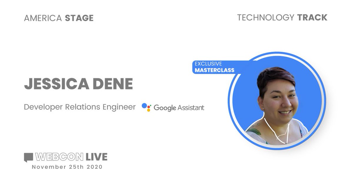 webcongress's tweet photo. This November 25 Jessica Dene(@chatasweetie) Developer Relations Engineer at #Google Asistant, will give a masterclass in our virtual free event WEBCON. Register for free at https://t.co/4FEoDTY7o3 #SmarterTogether #webcon2020 #digitalmarketing #masterclass #GoogleAssistant #tech https://t.co/IH26pH8nvp