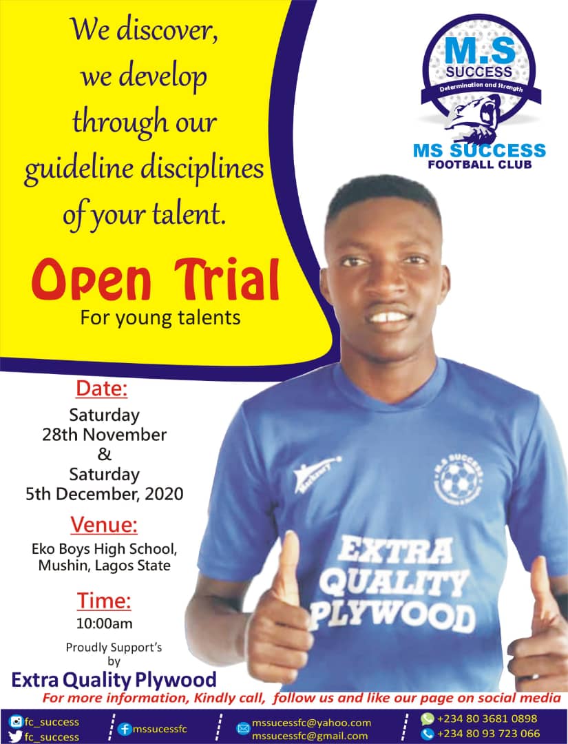fc_success's tweet photo. Are you a talented footballer come out for our open trial to achieve your dream.
#Mssuccess
#Determinationandstrenht
#Extraqualityplywood. https://t.co/RZE9rP3G0B