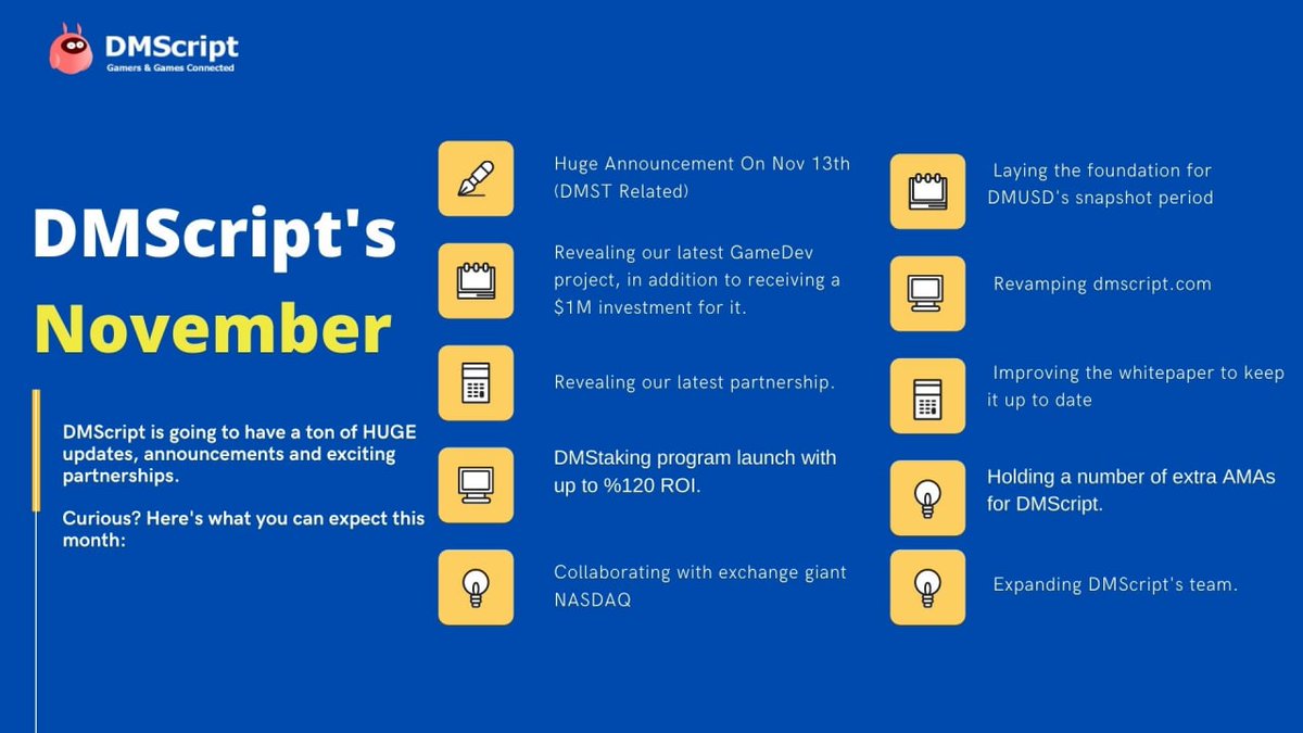  @DMScript is never going to Disappoint meHuge wave of updates on November:Big Partnership revealCollaboration with NASDAQ???DMStaking 120% ROIExpanding of the TeamMany more things to comeCheck out Telegram for more info  http://t.me/DMScriptgroup&nbsp;
