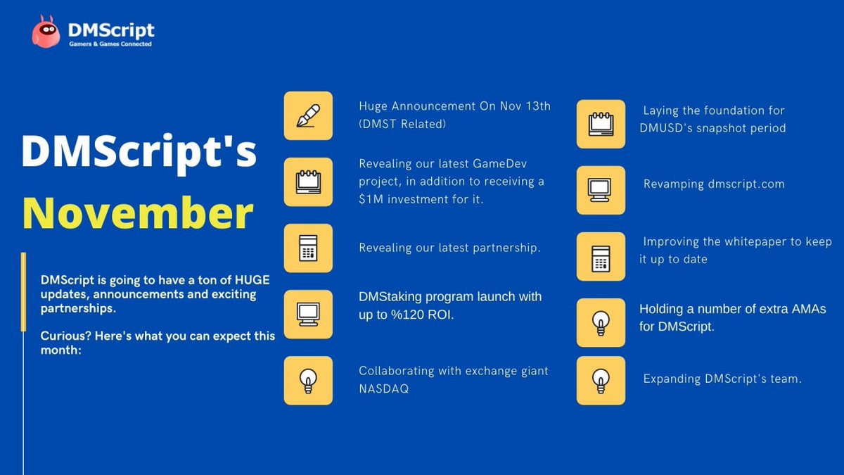  @DMScript is never going to Disappoint meHuge wave of updates on November:Big Partnership revealCollaboration with NASDAQ???DMStaking 120% ROIExpanding of the TeamMany more things to comeCheck out Telegram for more info  http://t.me/DMScriptgroup 