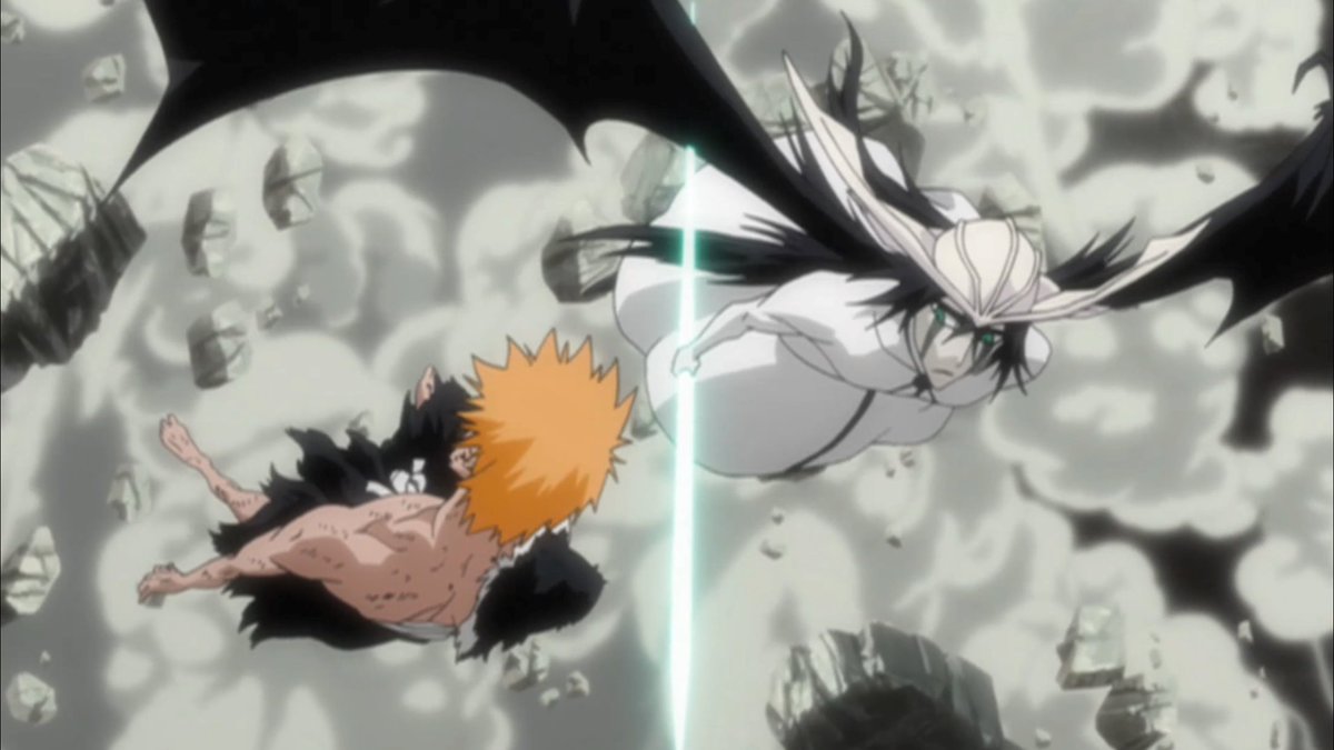 So he continues the relentless onslaught, eyes on Ichigo's grip with every attack. If he were to drop it and submit, the pain would end swiftly. That would be the logical course. The sword he wields is little more than a feather to this foe. Yet still he wields it.