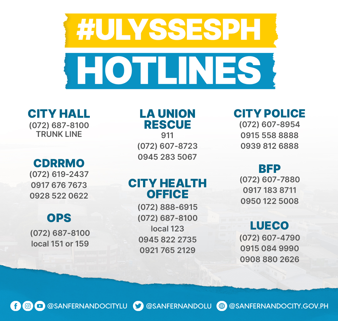 sanfernandoLU's tweet photo. In case of emergency, bukas ang linya ng mga sumusunod na ahensya ng City Government para kayo ay matulungan:

📞 City Hall - (072) 687-8100
📞📱 City Disaster Risk Reduction and Management Office - (072) 619-2437 / GLOBE: 0917 676 7673 / SMART: 0928 522 0622 https://t.co/0n9M6mfhxA