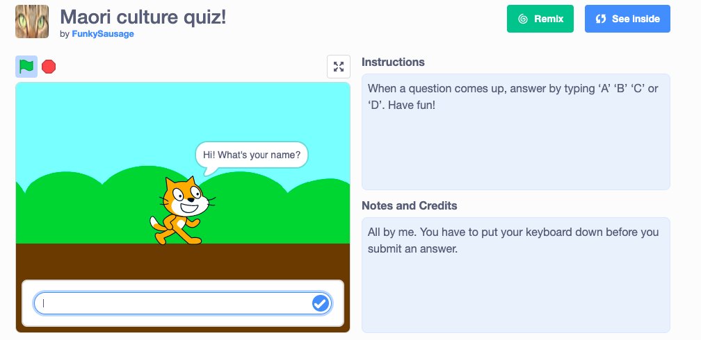 Check out this awesome Te reo quiz remix of a project from <a href="/toni_westcott/">Toni Westcott</a> on #Scratch from a student. 

Find it here: scratch.mit.edu/projects/42524…

The student has become the master! ka rawe! 

#edtech #edchat #DigitalCircusNZ  <a href="/scratch/">Scratch Team</a>