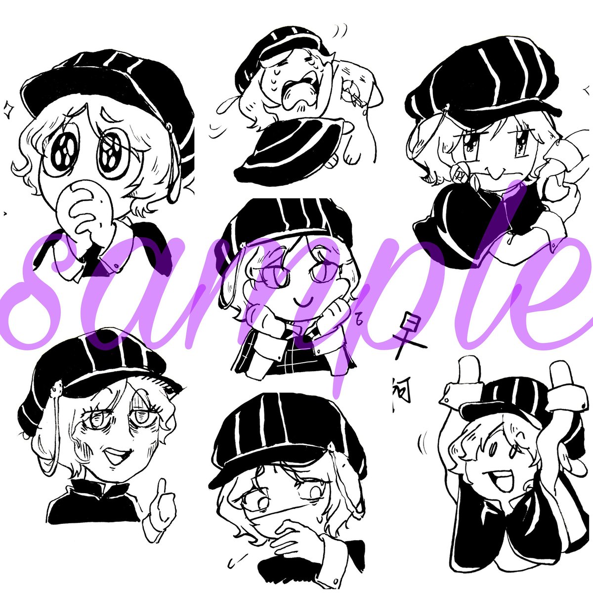 hat 1girl multiple views monochrome smile open mouth short hair  illustration images