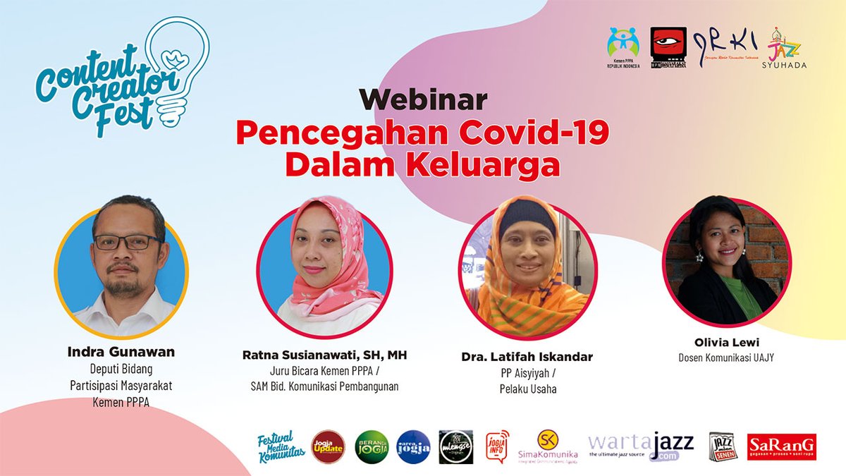 WEBINAR PENCEGAHAN COVID-19 DALAM KELUARGA

Kamis, 12 Nov 2020
15:00 - 16:30 WIB

Narasumber:
• Indra Gunawan
• Ratna Susianawati, SH, MH, 
• Dra. Latifah Iskandar

Moderator: Olivia Lewi

Narahubung: 
0852 2889 2988

Bisa disaksikan di channel youtube: MPM Jogja