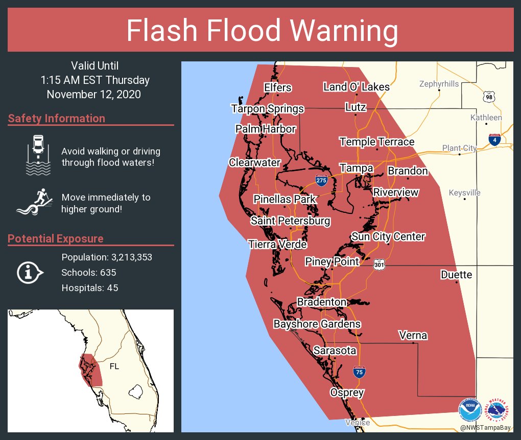 NWSTampaBay's tweet photo. Flash Flood Warning including Tampa FL, Saint Petersburg FL, Clearwater FL until 1:15 AM EST https://t.co/nRjFCgGLZR