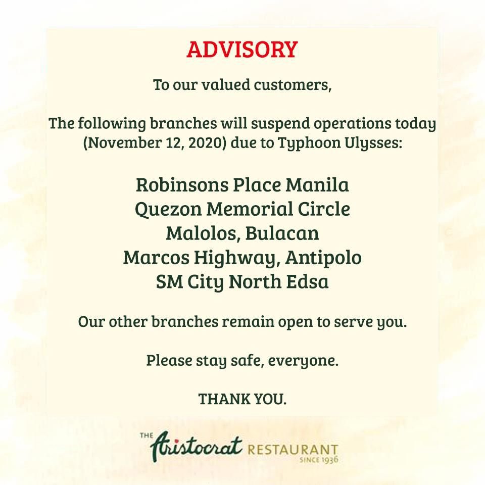 AristocratPH's tweet photo. To our valued customers, the following branches are on suspended operations due to Typhoon Ulyssess today, November 12: 

Robinsons Place Manila
Quezon Memorial Circle 
Malolos, Bulacan
Marcos Highway, Antipolo
SM City North EDSA https://t.co/UI3JVxotcJ