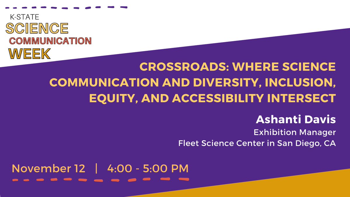 Crossroads: Where Science Communication and Diversity, Inclusion, Equity, and Accessibility Intersect. There is still time to register for the #KState #SciComm Week event with Ashanti Davis!
kstate.qualtrics.com/jfe/form/SV_29…