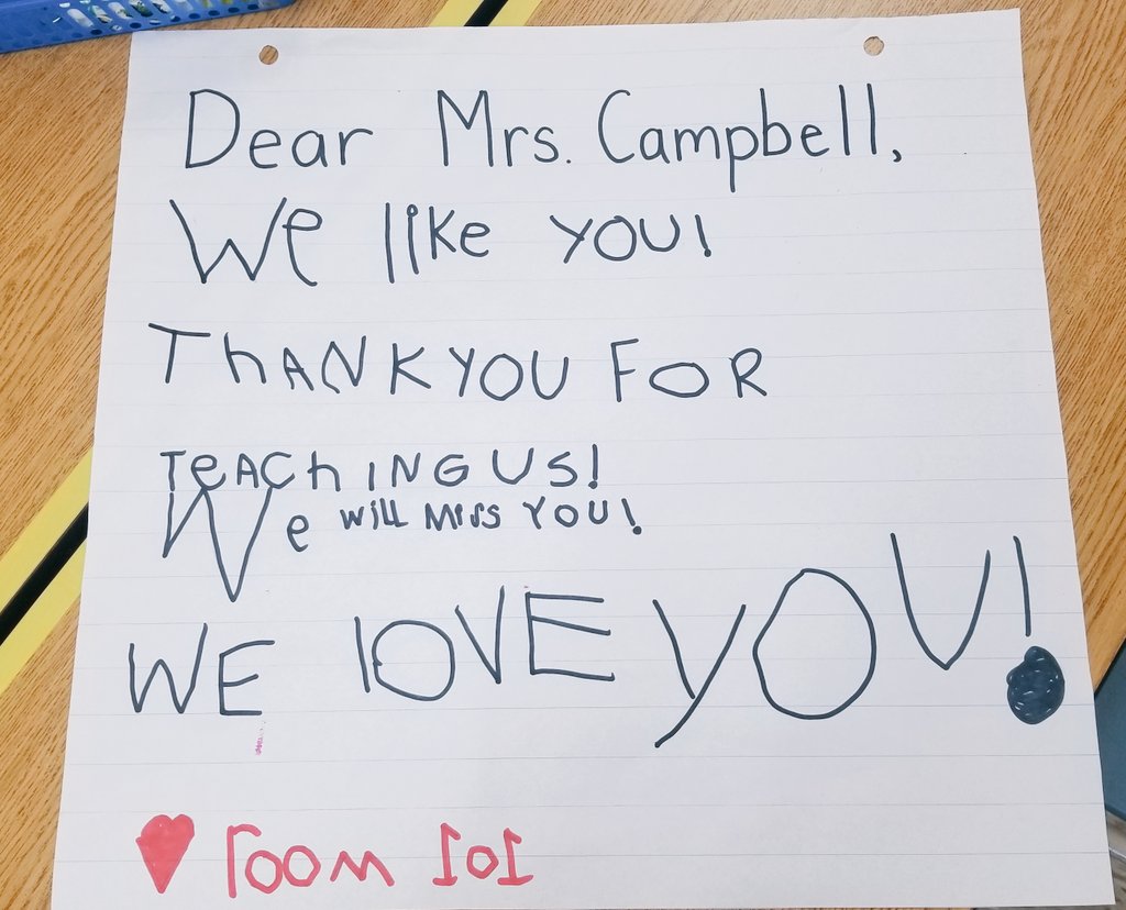 Some of our #littlehawks took turns writing a goodbye letter. We used all of our co-created letter actions and word wall to sound out words. Room 101 will miss you <a href="/Ms_A_Campbell/">Mrs. Campbell</a> 
<a href="/HighbushHawks/">Highbush PS</a>